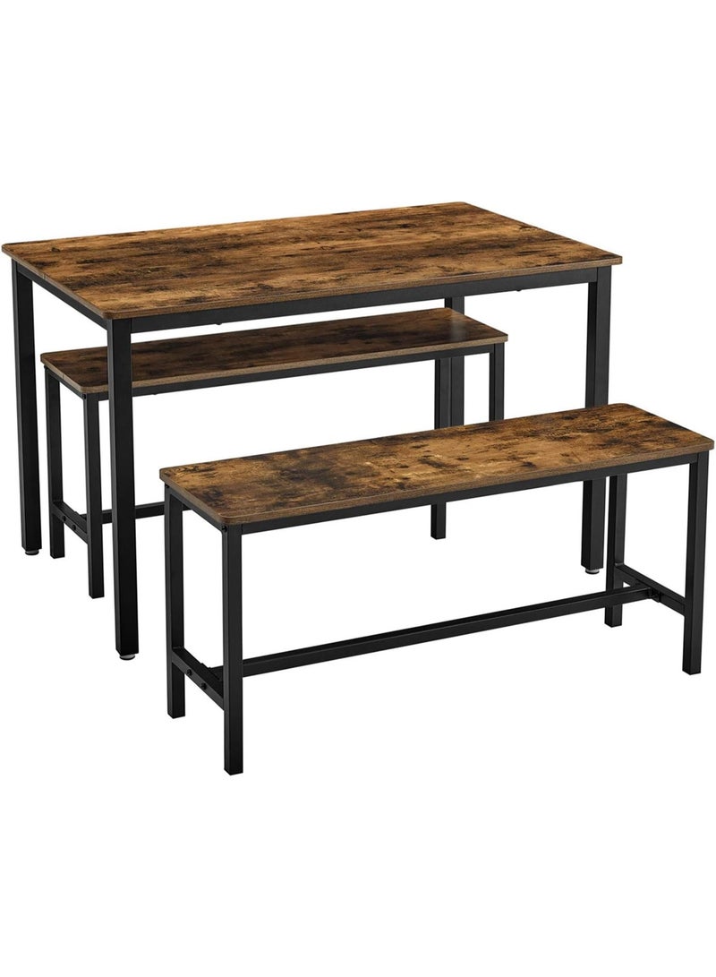 Vasagle Dining Table with 2 Benches – 3-Piece Set, Kitchen Table 110×70×75 cm with 2 Benches 97×30×50 cm, Steel Frame, Industrial Design, Rustic Brown and Black - Image 1