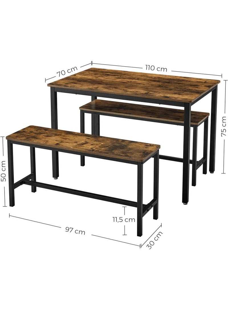 Vasagle Dining Table with 2 Benches – 3-Piece Set, Kitchen Table 110×70×75 cm with 2 Benches 97×30×50 cm, Steel Frame, Industrial Design, Rustic Brown and Black - Image 2