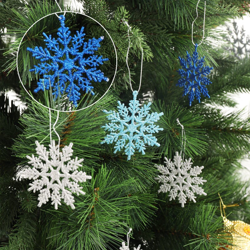 Whaline 45Pcs Winter Snowflake Hanging Ornament mas Glitter Blue Silver Pendant with String for Christmas Tree Winter Wonderland Holiday Party Decor - Image 4