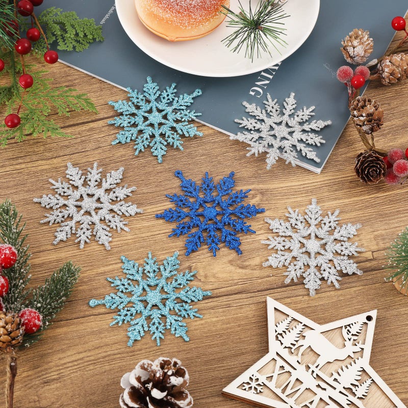 Whaline 45Pcs Winter Snowflake Hanging Ornament mas Glitter Blue Silver Pendant with String for Christmas Tree Winter Wonderland Holiday Party Decor - Image 5