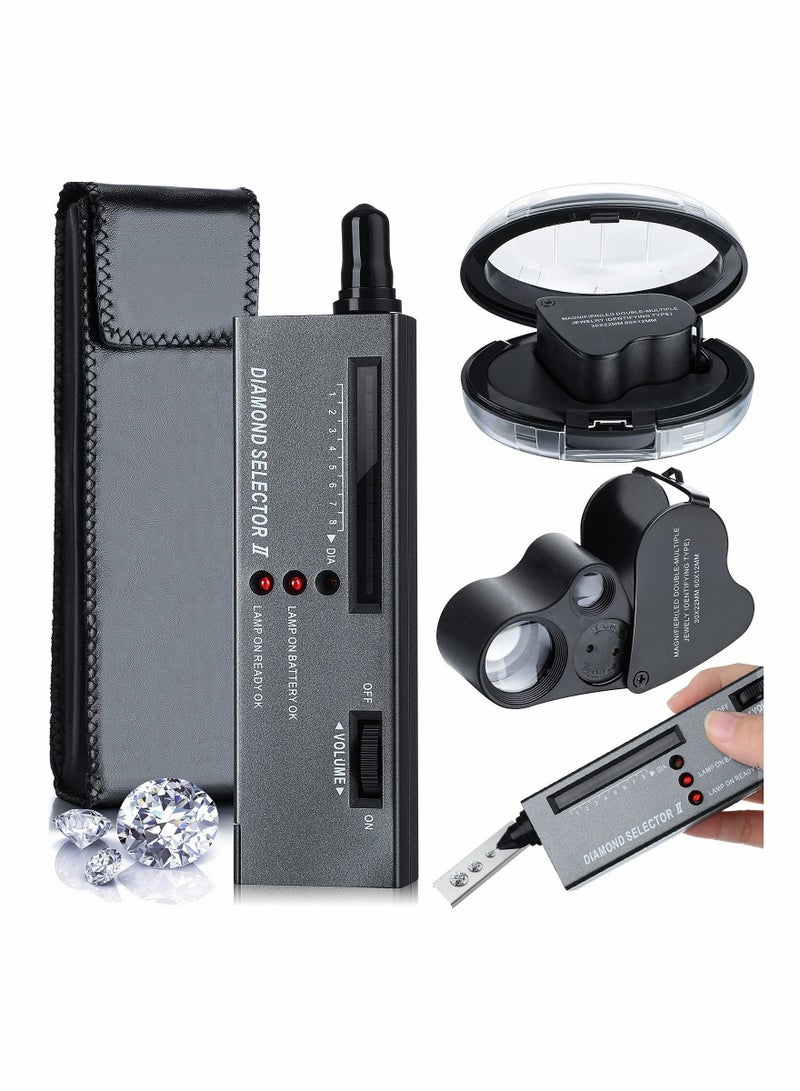 Excefore High Accuracy Diamond Tester Jewelry Diamond Detector Gem Diamond Tester Pen 30X 60X Illuminated Jewelry Eye Loupe Mini LED Foldable Magnifying Jewelry Distinguish Tool (Black Tester, Black Loupe)  - Image 1