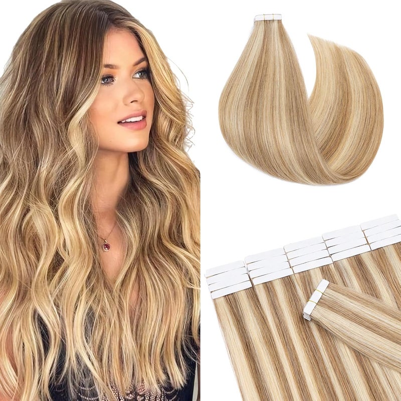 16 inches SEGO Tape Hair Extensions Real Human Hair 20PCS 12613 Golden BrownBleach Blonde Remy Seamless Straight Hairpieces for Women Natural Invisible 50g
