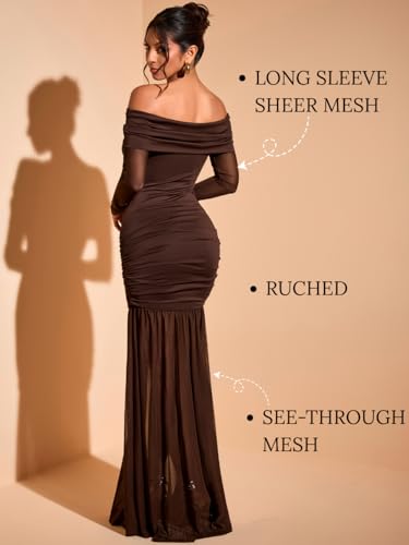 ShawGobow Off The Shoulder Maxi Dress,3D Flower Mermaid Ruched Dresses for Women,Elegant Formal Cocktail Holiday Gowns Coffee Brown Small - Image 4