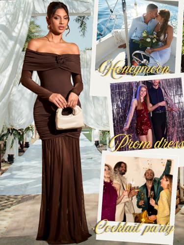 ShawGobow Off The Shoulder Maxi Dress,3D Flower Mermaid Ruched Dresses for Women,Elegant Formal Cocktail Holiday Gowns Coffee Brown Small - Image 2