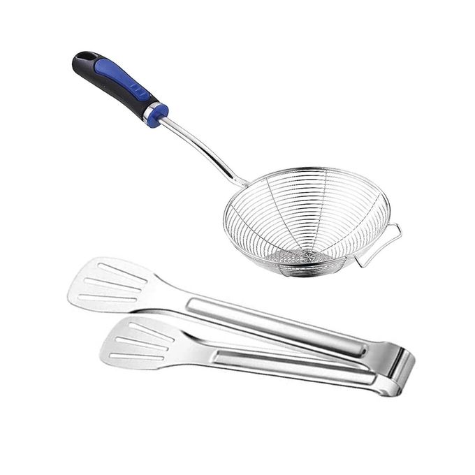 FRYING STRAINER PURI JHARA DEEP FRY OIL STRAINER 16CM STAINLESS STEEL DEEP FRYING BASKET SLOTTED SANDWICH TONG STAINLESS STEEL 22CM LENGTH COOKING AND SERVING SILVER PACK OF 2