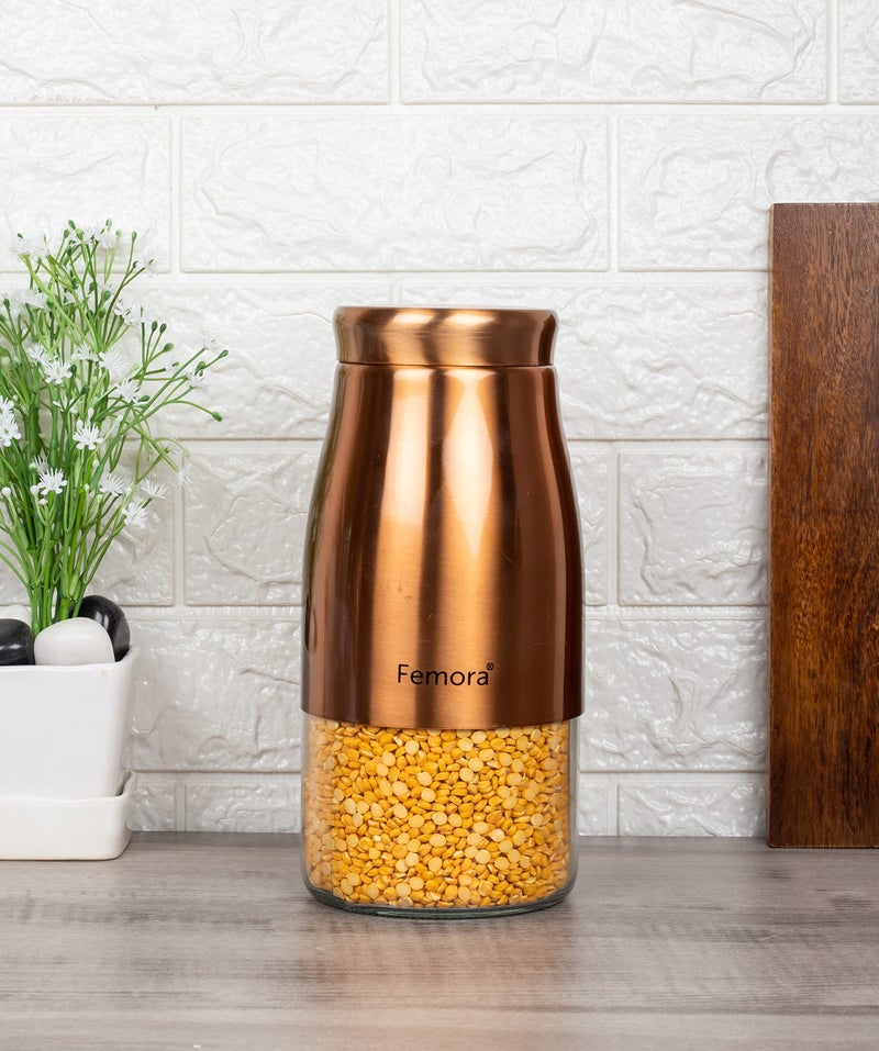 Femora Copper Metallic Clear Glass Jars | See Through Bottom Jar | 1 Year Warranty | Airtght | Jars for Snacks, Fry Food, Masala, Spice, Pickles, Cookies |1750 ML | Set Of 1 | Copper - Image 1