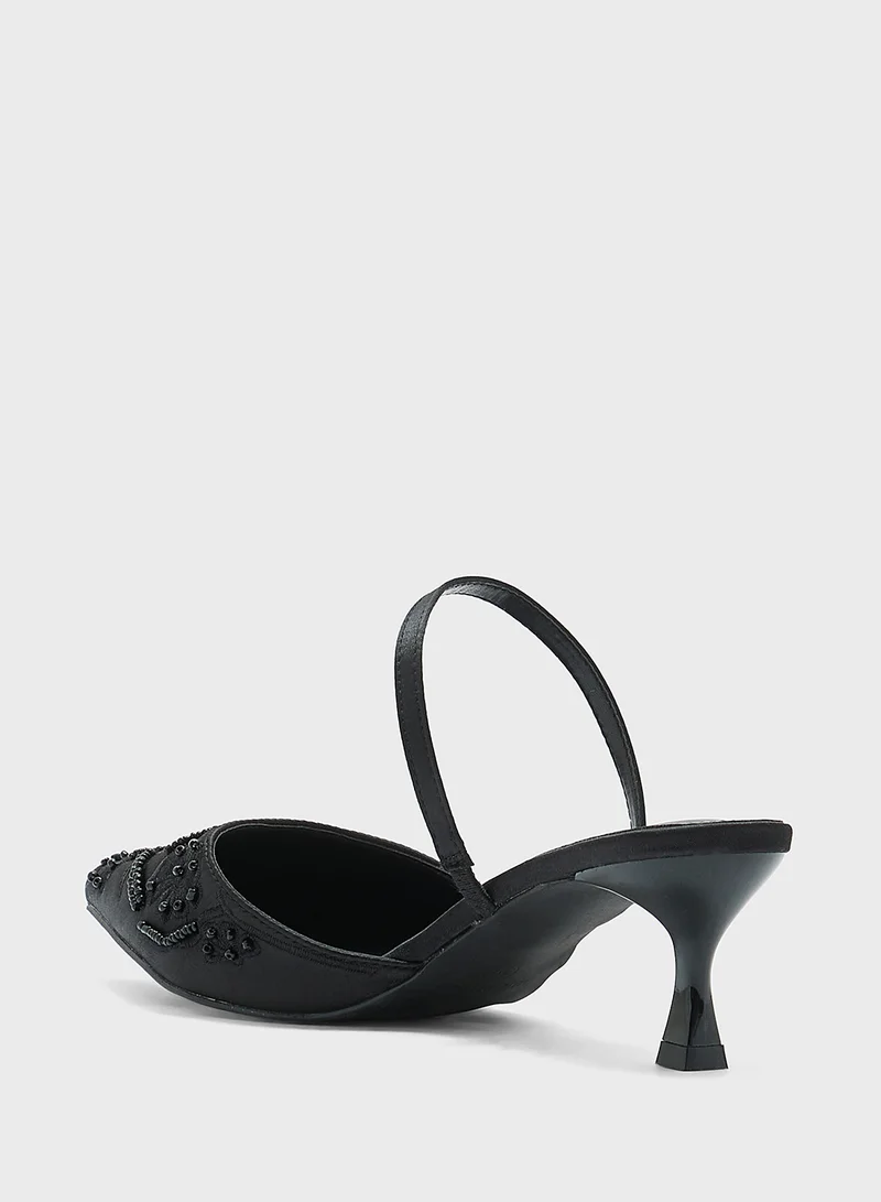 Ella Limited Edition Floral Embroidered Pearl Detail Pointy Backstrappump