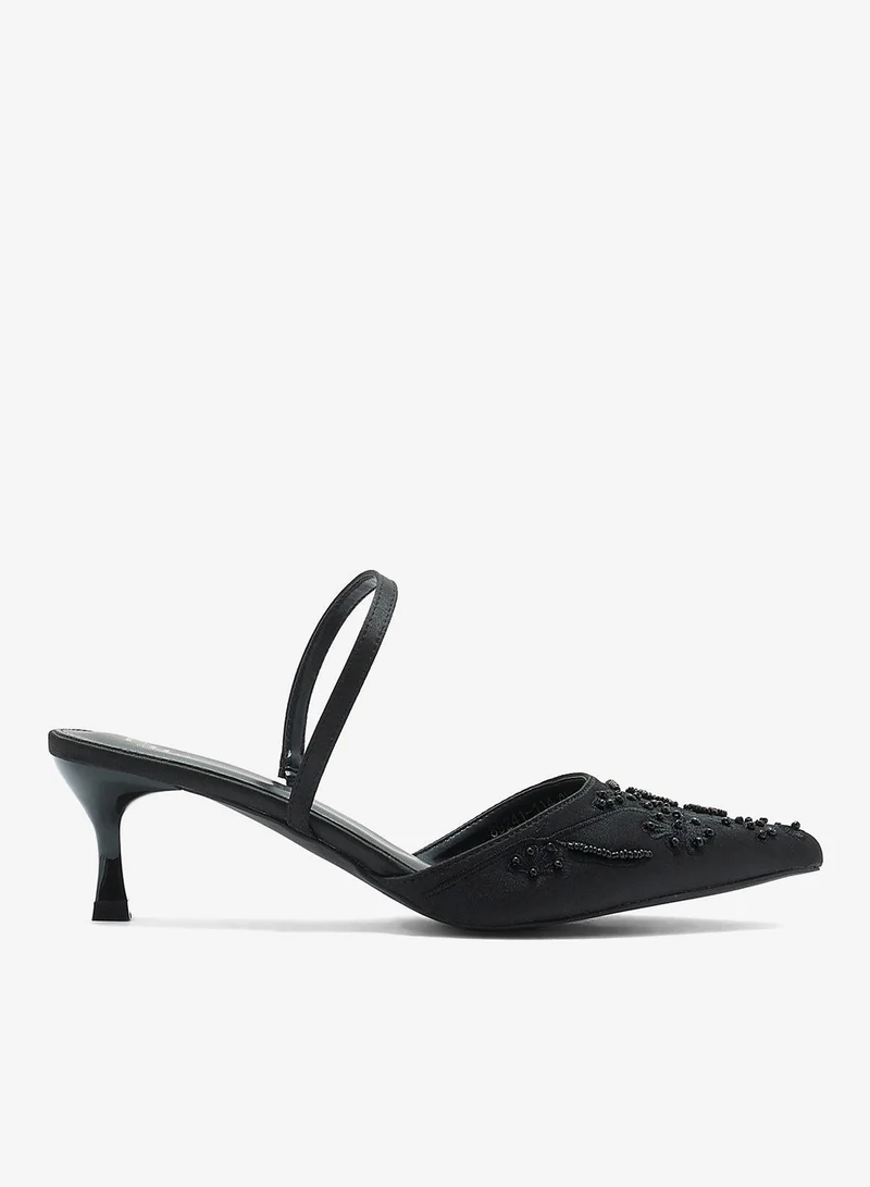 Floral Embroidered Pearl Detail Pointy Backstrappump