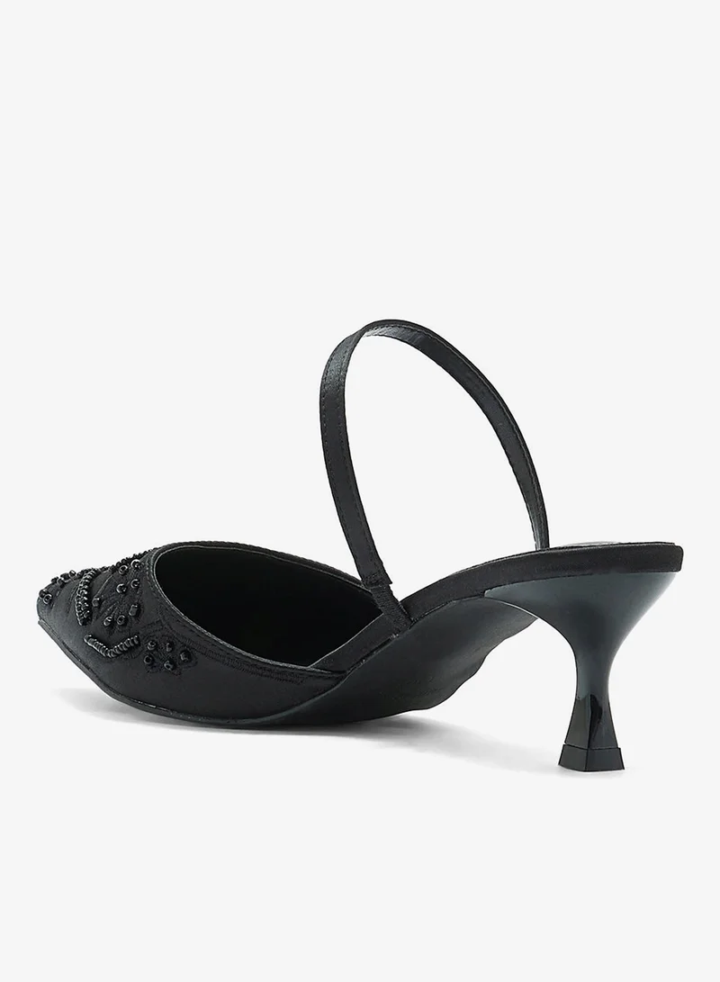Ella Limited Edition Black Floral Embroidered Pearl Detail Pointy Backstrappump for Women | Best Price UAE