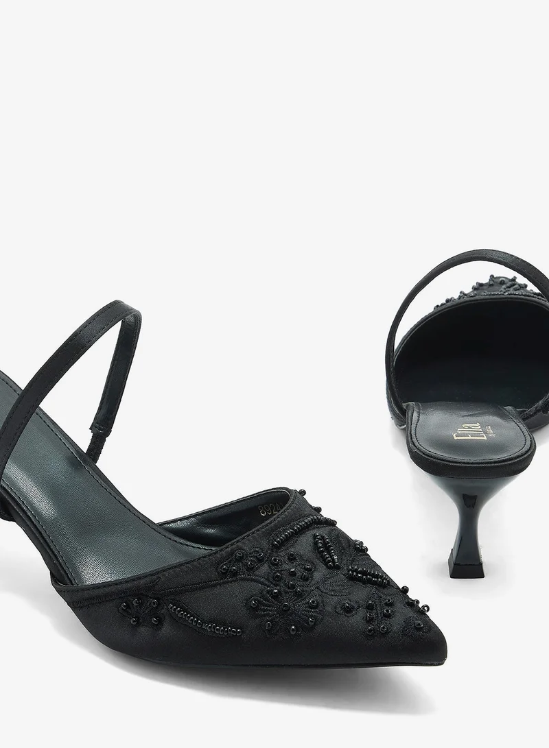 Ella Limited Edition Black Floral Embroidered Pearl Detail Pointy Backstrappump for Women | Best Price UAE