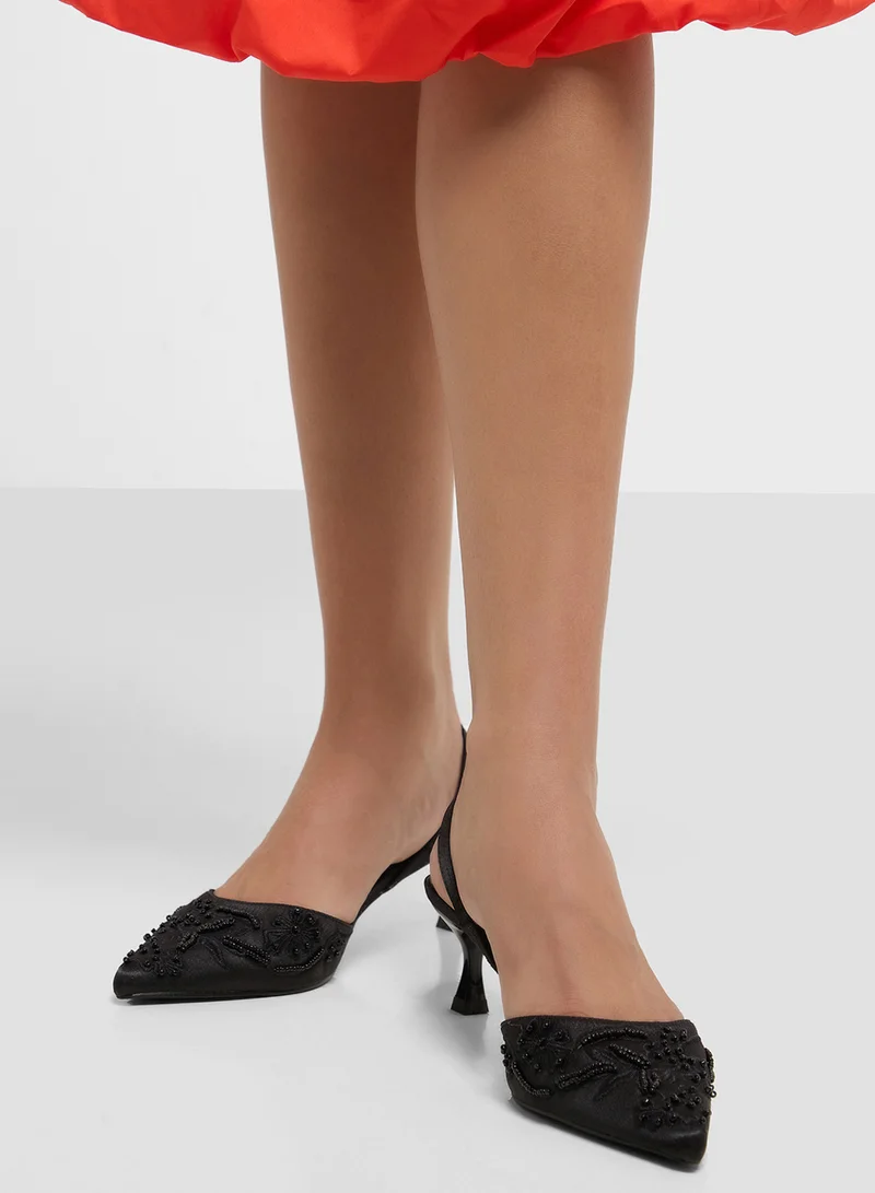 Ella Limited Edition Black Floral Embroidered Pearl Detail Pointy Backstrappump for Women | Best Price UAE