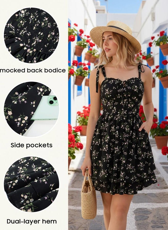 Scarlet Darkness Floral Mini Dress for Women Corset Graduation Sundress, Black Floral, L - Image 5