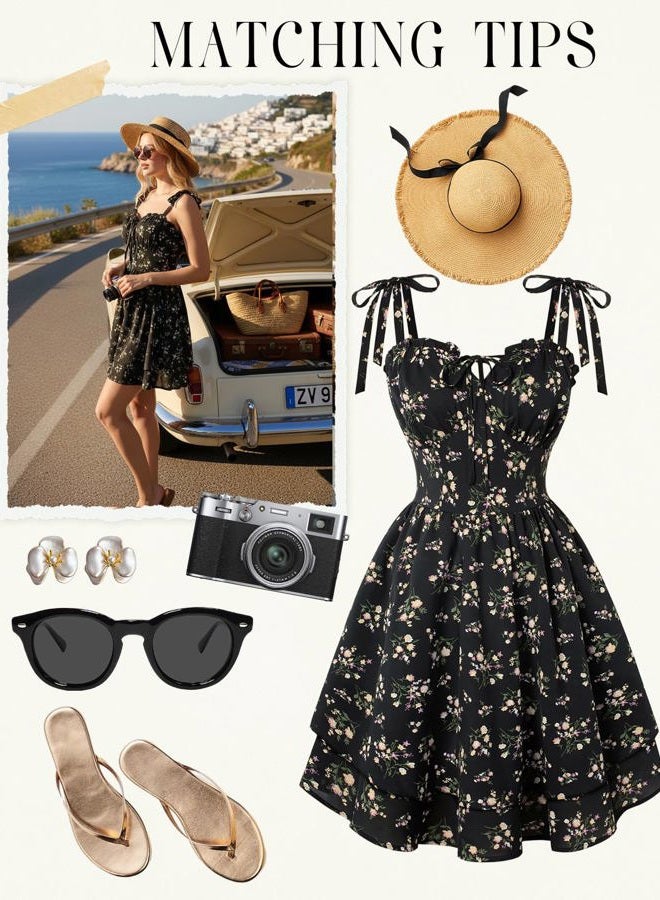 Scarlet Darkness Floral Mini Dress for Women Corset Graduation Sundress, Black Floral, L - Image 3