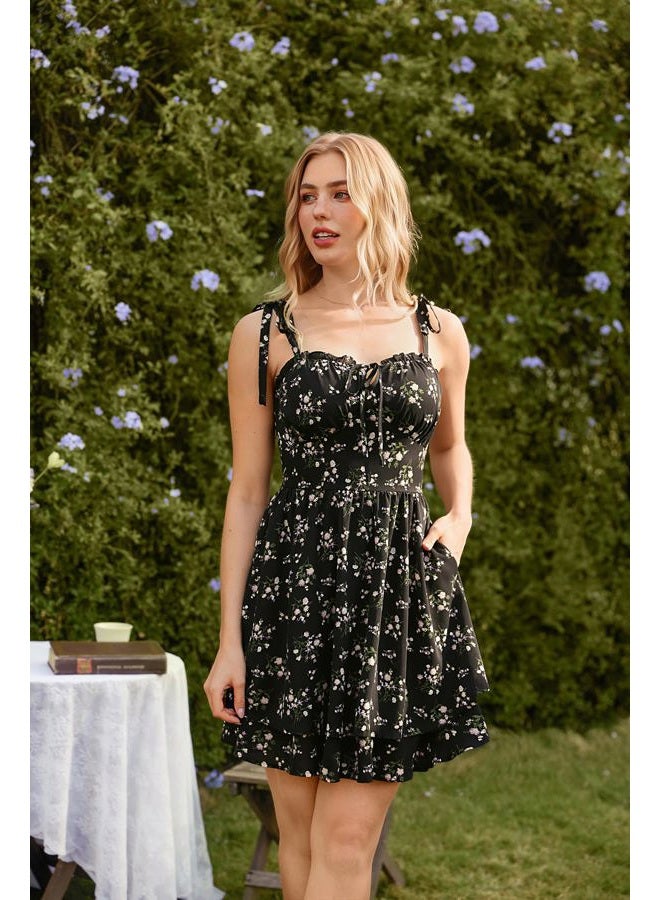 Scarlet Darkness Floral Mini Dress for Women Corset Graduation Sundress, Black Floral, L - Image 2