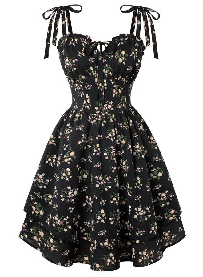 Scarlet Darkness Floral Mini Dress for Women Corset Graduation Sundress, Black Floral, L - Image 1