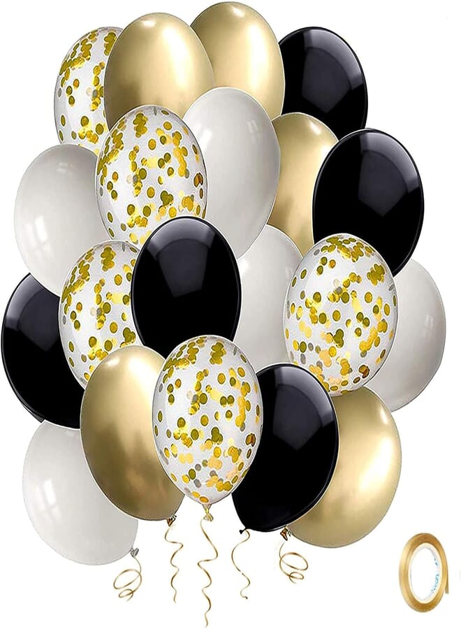 Secret Black and Gold Confetti Balloons, 50 Pack 12inch White Latex Party Balloon Set with Gold Ribbon for Graduation Wedding Birthday Baby Shower Decorations