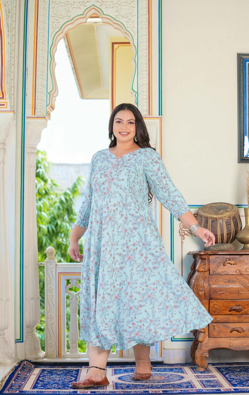 Yash Gallery Women's Rayon Stretchable Maternity Wear Floral Printed Anarkali Maxi Dress (8XL, Sky Blue) - Image 2