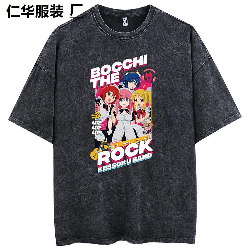Cross-border foreign trade lonely rock LIVE STAGE cartoon animation washed old retro short sleeve T-shirt American cotton KCAT35 Washed Black