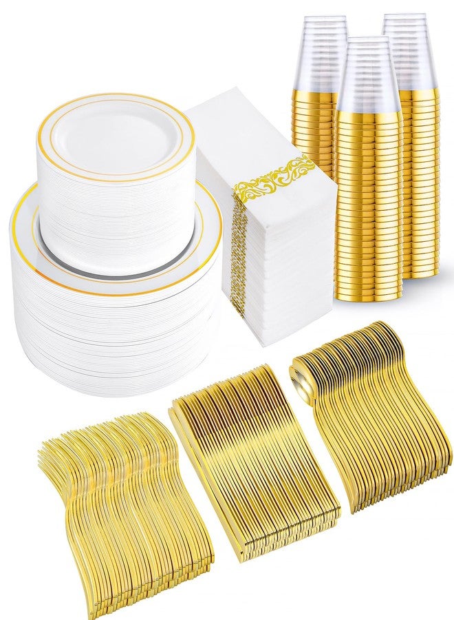 I00000 350Pcs Gold Dinnerware Set for 50 Guests, Gold Plastic Plates for Party, Include: 100 Disposable Plastic Plates, 50 Paper Napkins, 50 Cups, 50 Silverware Set Perfect for Party & Wedding - Image 1