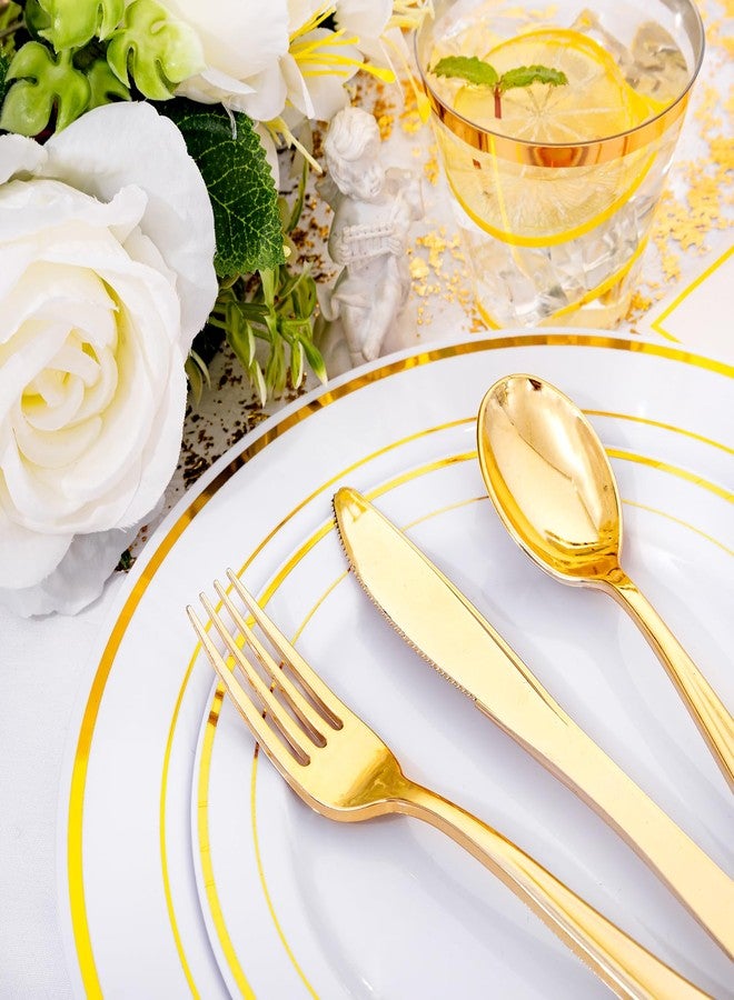 I00000 350Pcs Gold Dinnerware Set for 50 Guests, Gold Plastic Plates for Party, Include: 100 Disposable Plastic Plates, 50 Paper Napkins, 50 Cups, 50 Silverware Set Perfect for Party & Wedding - Image 3