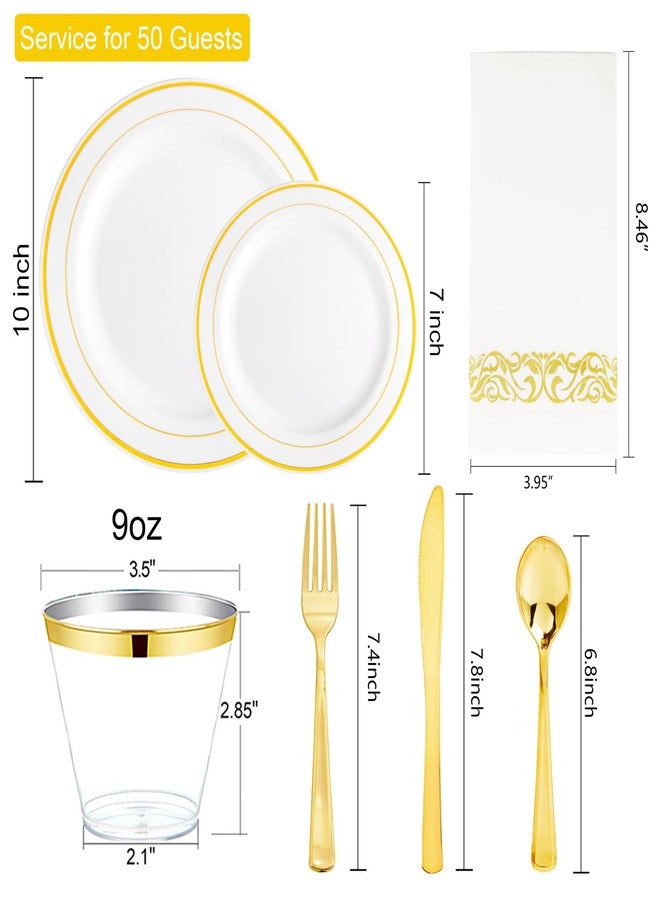 I00000 350Pcs Gold Dinnerware Set for 50 Guests, Gold Plastic Plates for Party, Include: 100 Disposable Plastic Plates, 50 Paper Napkins, 50 Cups, 50 Silverware Set Perfect for Party & Wedding - Image 2