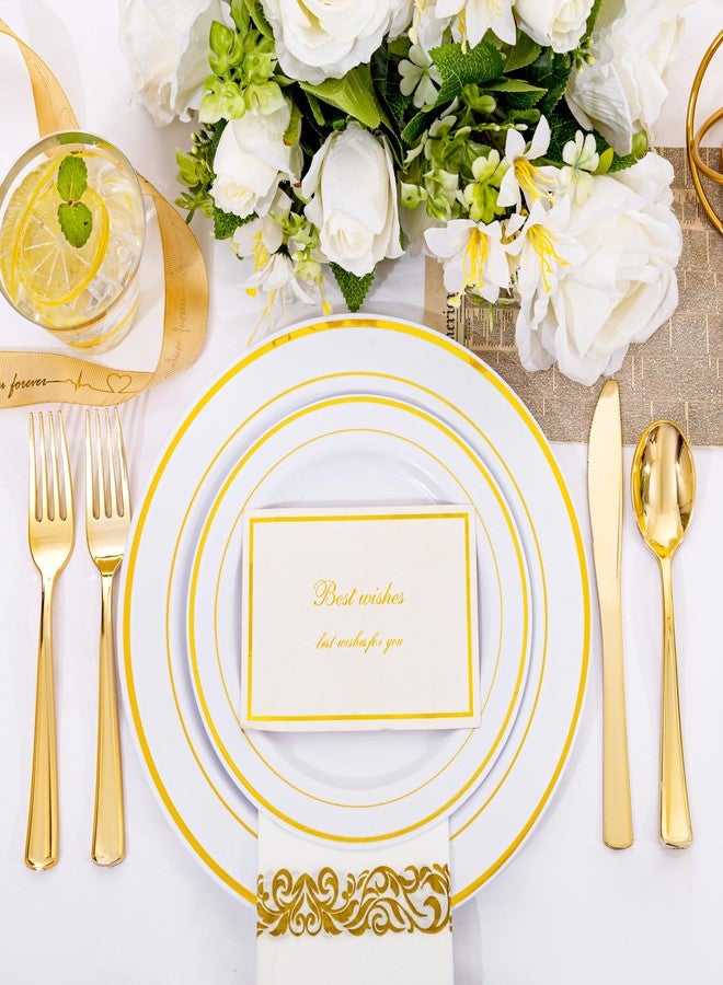 I00000 350Pcs Gold Dinnerware Set for 50 Guests, Gold Plastic Plates for Party, Include: 100 Disposable Plastic Plates, 50 Paper Napkins, 50 Cups, 50 Silverware Set Perfect for Party & Wedding - Image 5