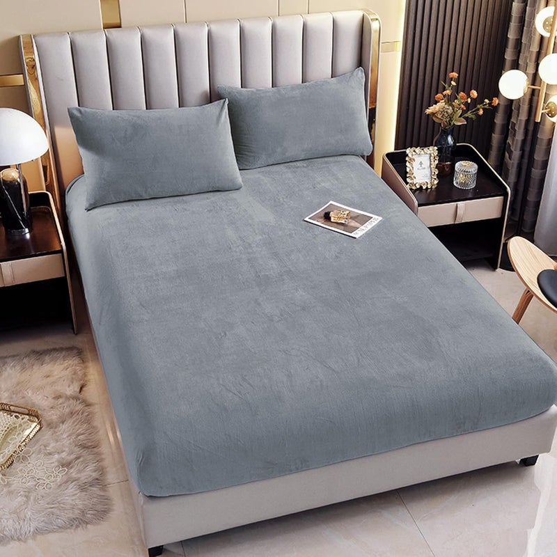 ohello Velvet Elastic Bedsheet King Size Solid Embossed Flannel Fitted Bedsheets for Double Bed Supersoft Fleece Bed Sheets with 2 Pillow Covers Shuttle Grey 72 x 78 x 8 Inches