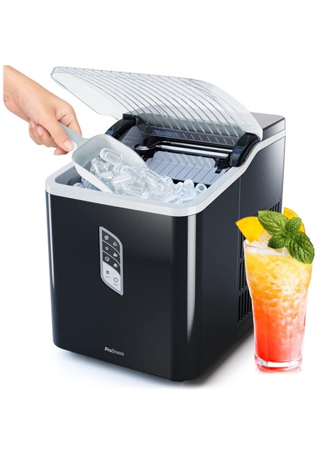 Pro Breeze Ice Maker Machine, Large Countertop Ice Maker with Ice Scoop, 15 kg Compact Self-Cleaning Clear Ice Maker, Ice Ready in 6-9 Mins, 2 Sizes of Bullet Ice for Home, Kitchen, Bar, Party - Black