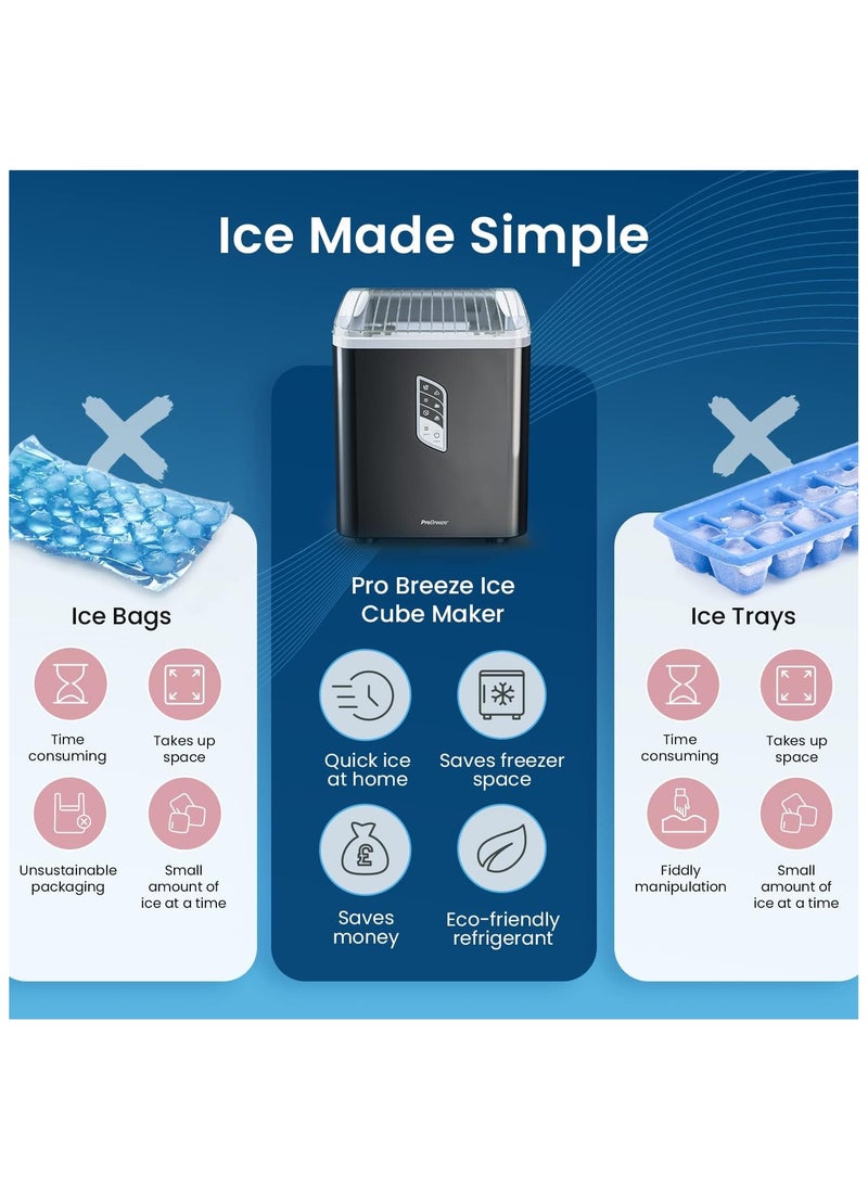 Pro Breeze - Pro Breeze Ice Maker Machine, Large Countertop Ice Maker with Ice Scoop, 15 kg Compact Self-Cleaning Clear Ice Maker, Ice Ready in 6-9 Mins, 2 Sizes of Bullet Ice for Home, Kitchen, Bar, Party - Black - Image 1