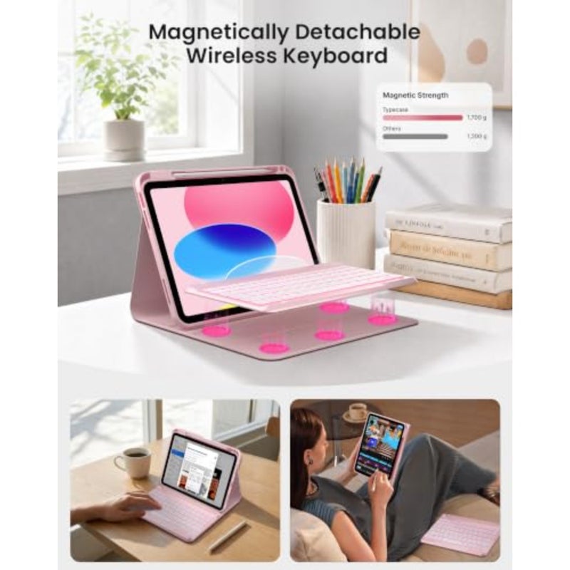 حافظة لوحة مفاتيح فوليو لجهاز iPad 10th Gen 10.9 بوصة 2022 وiPad 11th (A16, 2025)، لوحة مفاتيح مغناطيسية لاسلكية قابلة للفصل، إضاءة خلفية 7 ألوان، رفيعة وخفيفة، حامل أقلام رصاص وردي فاتح - Image 4