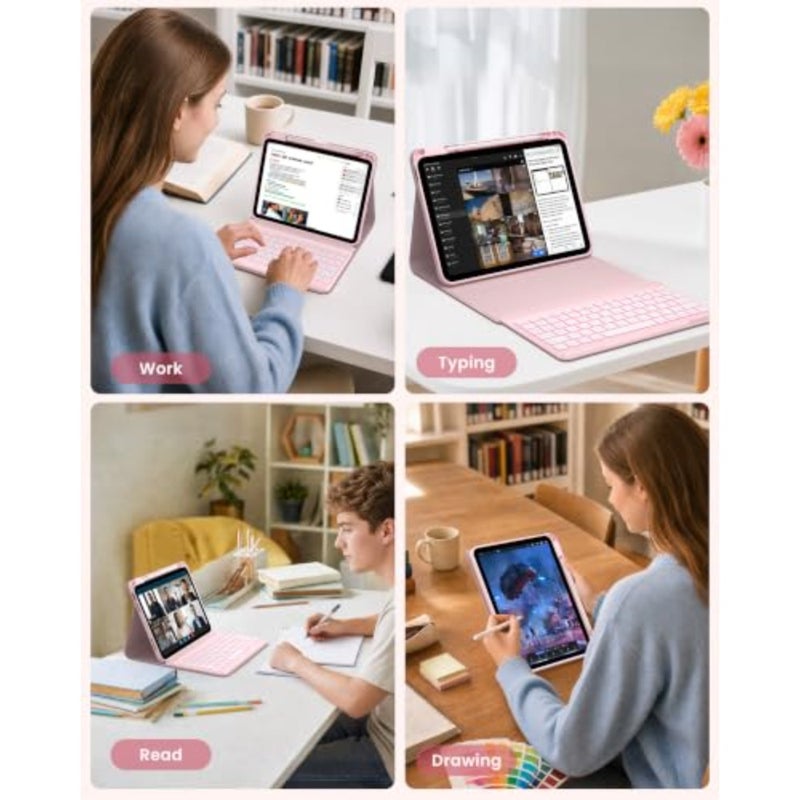 حافظة لوحة مفاتيح فوليو لجهاز iPad 10th Gen 10.9 بوصة 2022 وiPad 11th (A16, 2025)، لوحة مفاتيح مغناطيسية لاسلكية قابلة للفصل، إضاءة خلفية 7 ألوان، رفيعة وخفيفة، حامل أقلام رصاص وردي فاتح - Image 3