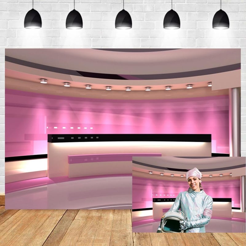 Leyiyi 7x5ft News Broadcast Hall Backdrop Recetation Desk Modern Office Interior Front Table TV Show Neon Light Photo Background Business Study Decor Adults Portrait Studio Prop Vinyl Wallpaper