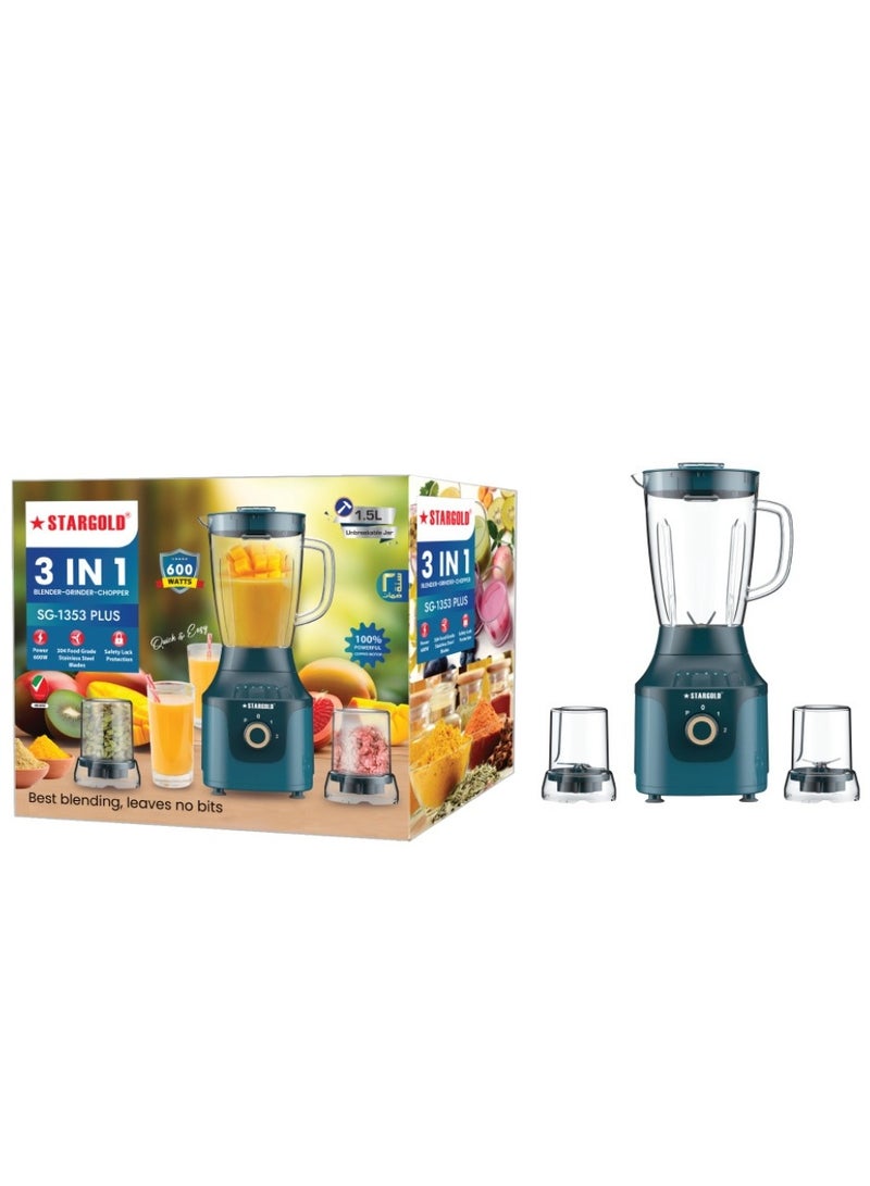 Stargold 3-in-1 Blender 1.5L Capacity 600W Juicer Grinder & Chopper, Multi-Function Kitchen Appliance  - Image 2
