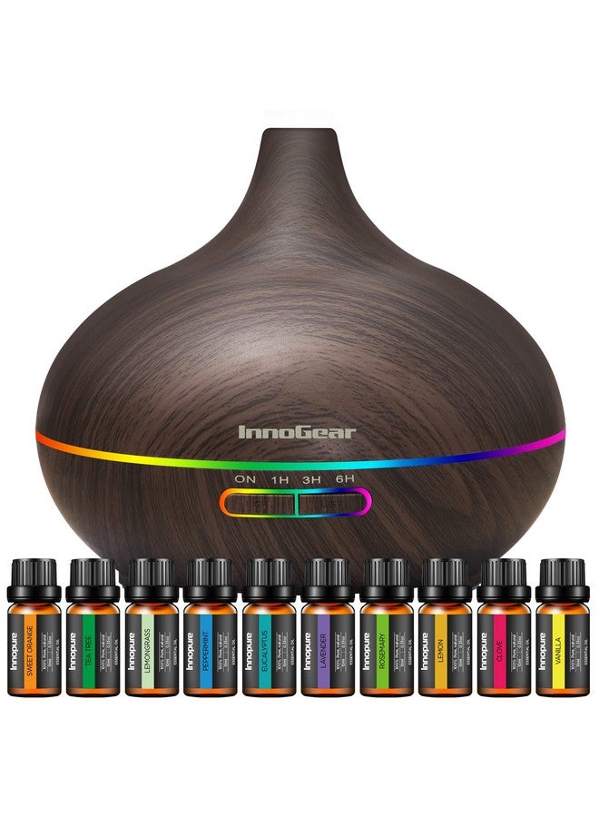 InnoGear Aromatherapy Diffuser & 10 Essential Oils Set 400Ml Diffuser Ultrasonic Diffuser Cool Mist Humidifier With 4 Timers 7 Colors Light Waterless Auto Off For Large Room Office Dark Wood Grain - Image 1