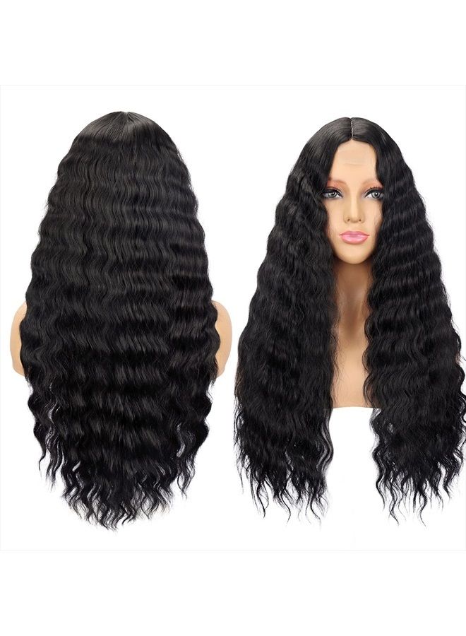 Mairead 28" شعر مستعار صناعي مجعد طويل أسود صغير مع لاصق أمامي للنساء شعر مستعار بموجات عميقة فضفاضة 4" فروة رأس مزيفة جزء وسطي مظهر طبيعي تجاعيد وشعر مستعار لاستبدال الشعر للاستخدام اليومي والحفلات (1B#) - Image 5