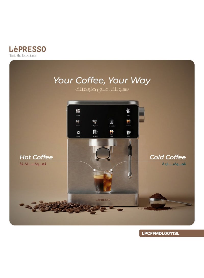 LePRESSO Macchina Di Lusso Espresso Coffee Machine / 20 Bar Espresso Maker / Coffee Maker with Steam Wand / Cappuccino Latte Maker / Barista Coffee Machine / Digital Display / Stainless Steel Design / 1.5L Water Tank - Silver - Image 2