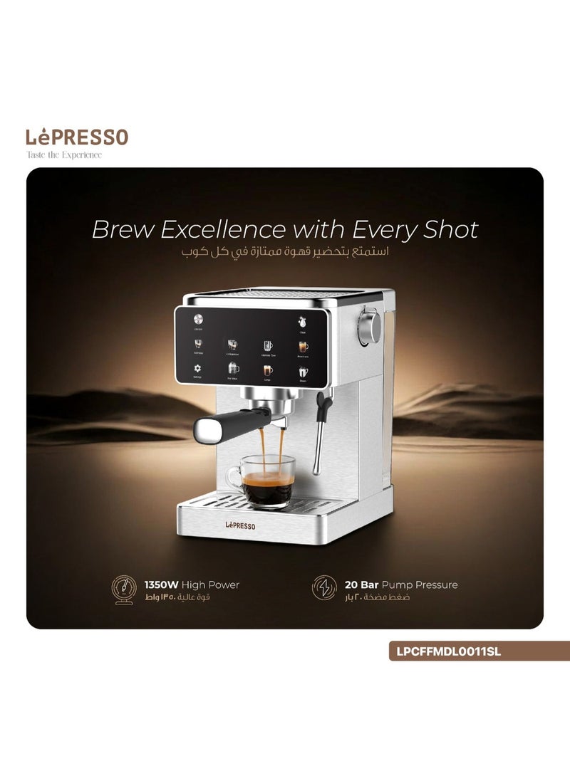 LePRESSO Macchina Di Lusso Espresso Coffee Machine / 20 Bar Espresso Maker / Coffee Maker with Steam Wand / Cappuccino Latte Maker / Barista Coffee Machine / Digital Display / Stainless Steel Design / 1.5L Water Tank - Silver - Image 5