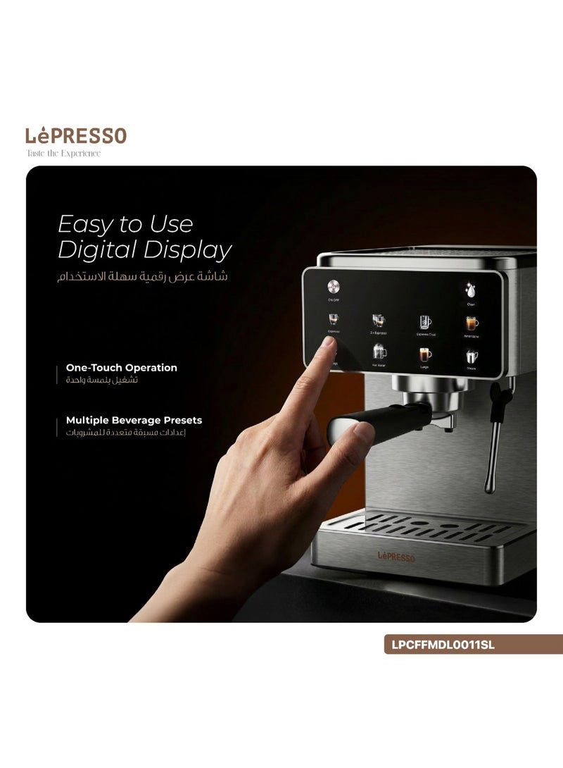 LePRESSO Macchina Di Lusso Espresso Coffee Machine / 20 Bar Espresso Maker / Coffee Maker with Steam Wand / Cappuccino Latte Maker / Barista Coffee Machine / Digital Display / Stainless Steel Design / 1.5L Water Tank - Silver - Image 3