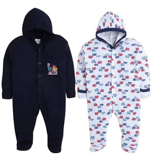 EIO 100% Cotton Hooded Rompers/Sleep Suits/Jumpsuit/Night Suits For Baby Boys & Girls, Infants, New Born Combo Pack, 0-3 Months, Black - Image 1