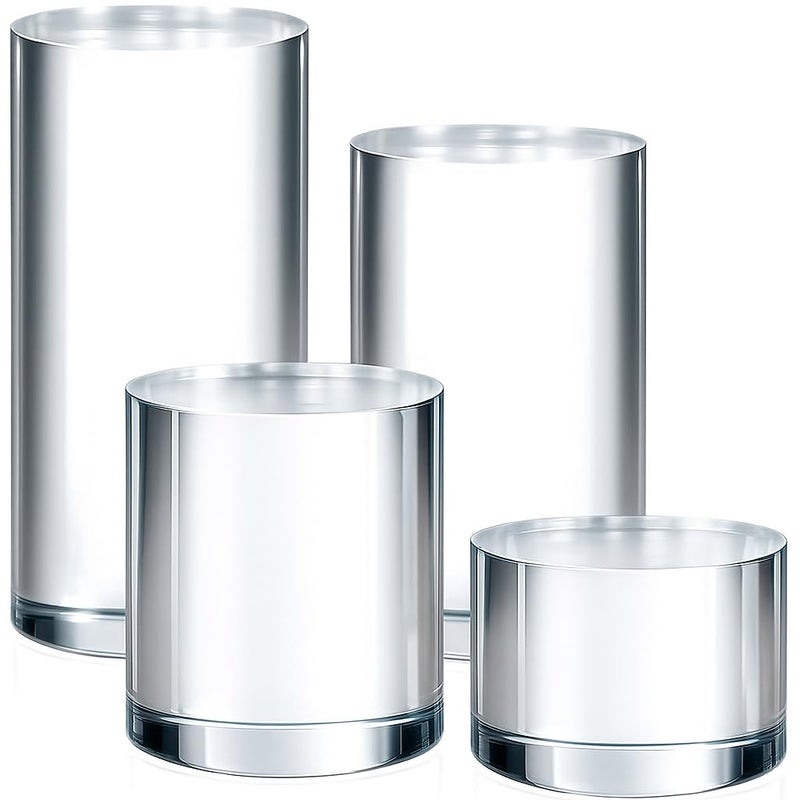 Hacaroa 4 Pcs Acrylic Cylinder Risers Display Stand, Clear Polished Round Display Blocks Transparent Photo Props, Mini Solid Pedestal Base for Jewelry, Perfumes, Figurines, 4 Sizes - Image 1