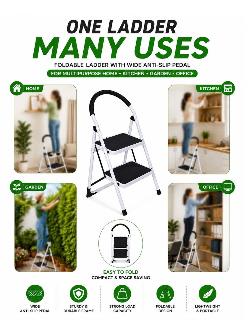 2-Step Foldable Aluminium Ladder with Safety Handrail | Anti-Slip Wide Steps | Lightweight Step Stool for Home & Kitchen - Image 5