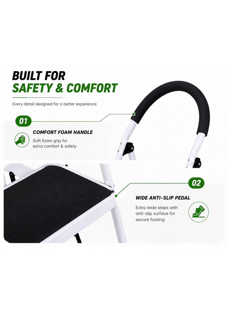 2-Step Foldable Aluminium Ladder with Safety Handrail | Anti-Slip Wide Steps | Lightweight Step Stool for Home & Kitchen - Image 2