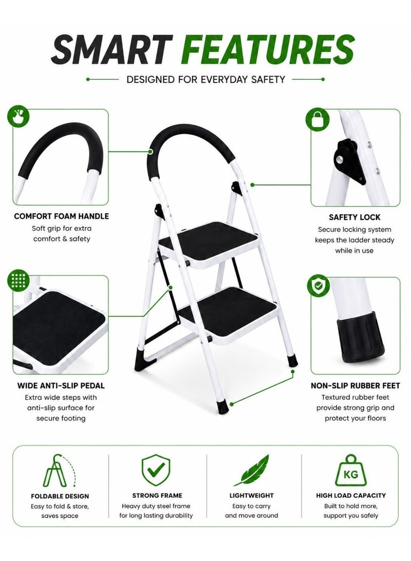 2-Step Foldable Aluminium Ladder with Safety Handrail | Anti-Slip Wide Steps | Lightweight Step Stool for Home & Kitchen - Image 4