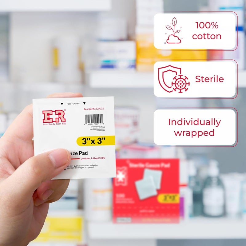 Ever Ready First Aid ضمادات شاش معقمة للإسعافات الأولية 3x3 100 قطعة - Image 3