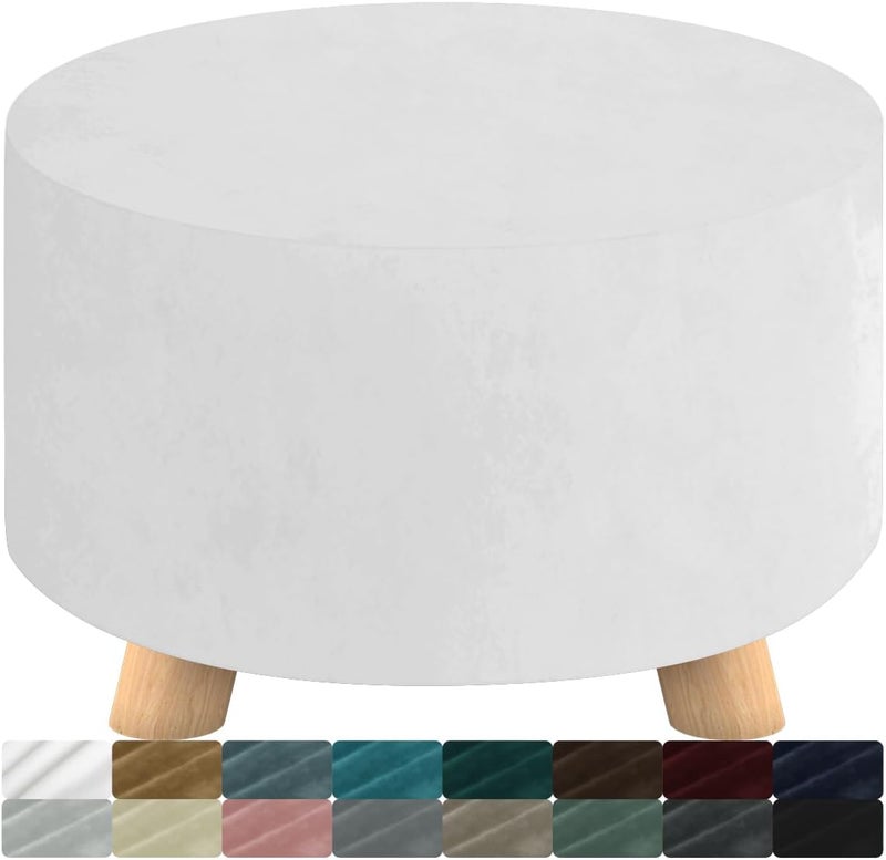 MAXIJIN Velvet Ottoman Cover - Round Slipcover Washable Foot Stool Cover Thick Storage Footrest Protector with Elastic Bottom (Medium, White) - Image 1