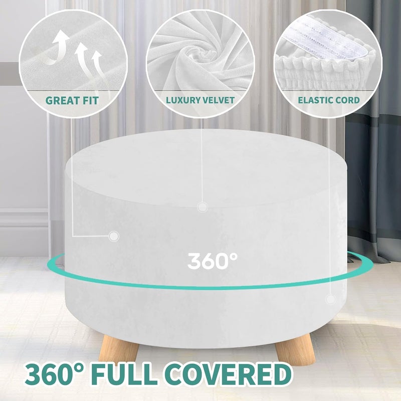 MAXIJIN Velvet Ottoman Cover - Round Slipcover Washable Foot Stool Cover Thick Storage Footrest Protector with Elastic Bottom (Medium, White) - Image 4