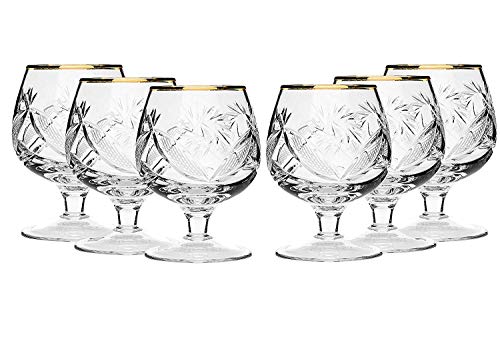 Neman Crystal SET of 6 Russian Cut Crystal Cognac Scotch Whiskey Stemmed Snifter Goblet Glass 24K Gold Rimmed 5 Oz Vodka Liquor Oldfashioned Glassware Hand Made