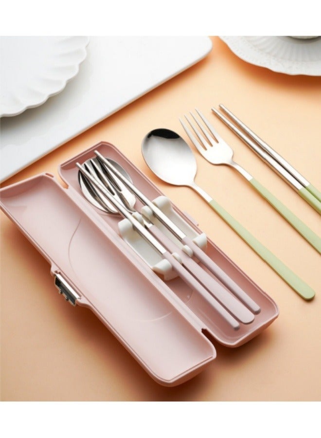 مجموعة أدوات مائدة محمولة من الفولاذ المقاوم للصدأ 304، طقم ملاعق وشوك وعيدان طعام مع صندوق تخزين فيونكة باللون الوردي - Image 3