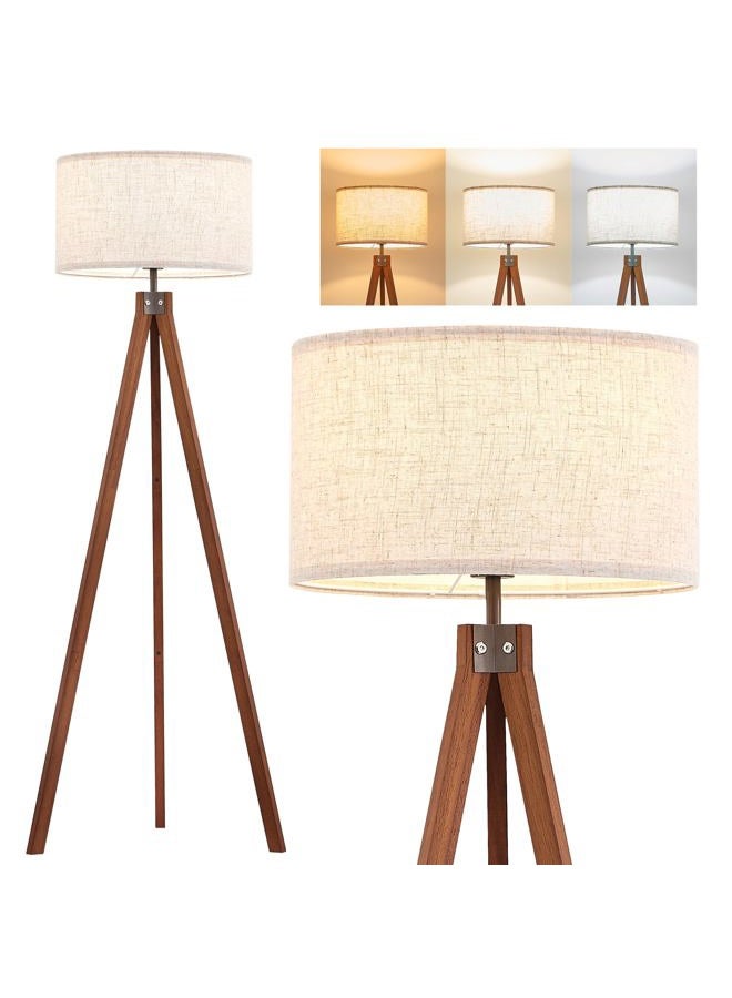 ELYONA Solid Wood Tripod Floor Lamp with 3 Color Temperatures LED Bulb, Mid Century Modern Reading Standing Light Nature Linen Shade Tall Night Light for Bedroom Living Room Office Study Room, Brown - Image 1