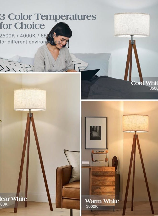 ELYONA Solid Wood Tripod Floor Lamp with 3 Color Temperatures LED Bulb, Mid Century Modern Reading Standing Light Nature Linen Shade Tall Night Light for Bedroom Living Room Office Study Room, Brown - Image 2